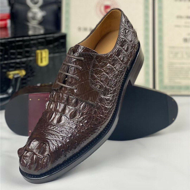 Oxfords – chaussures en cuir d'alligator véritable marron, chaussures habillées pour hommes, à lacets, artisanales, authentiques