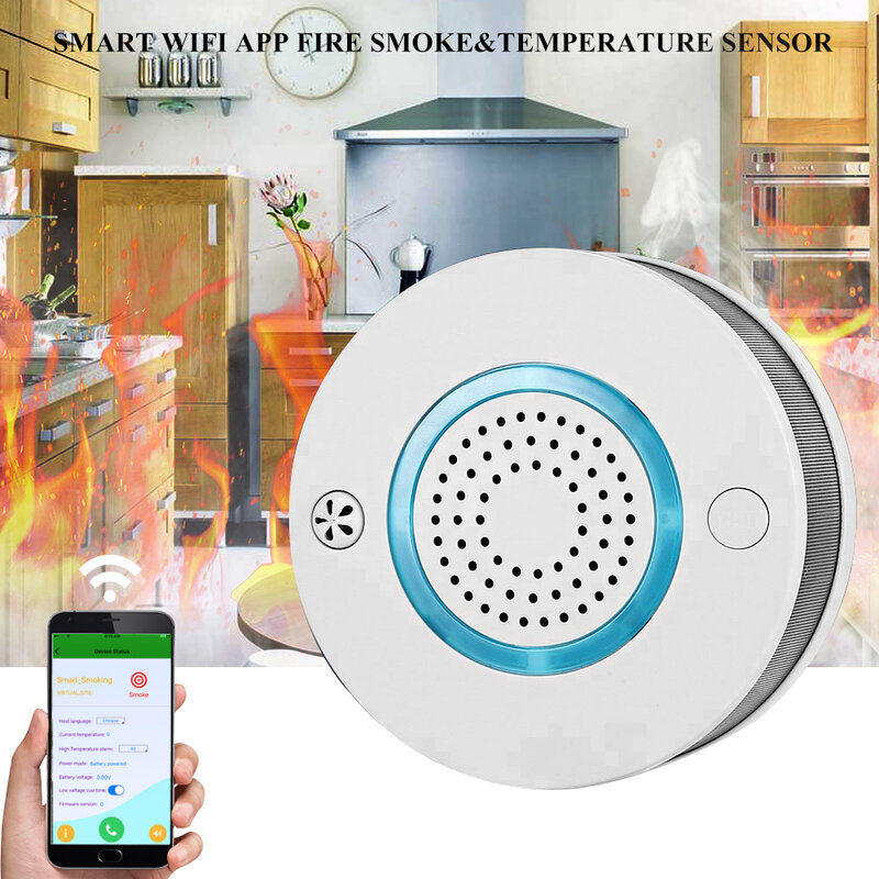 Sensor de temperatura wi fi sem fio detector de temperatura fumaça alarme app controle remoto sistema de alarme de segurança em casa