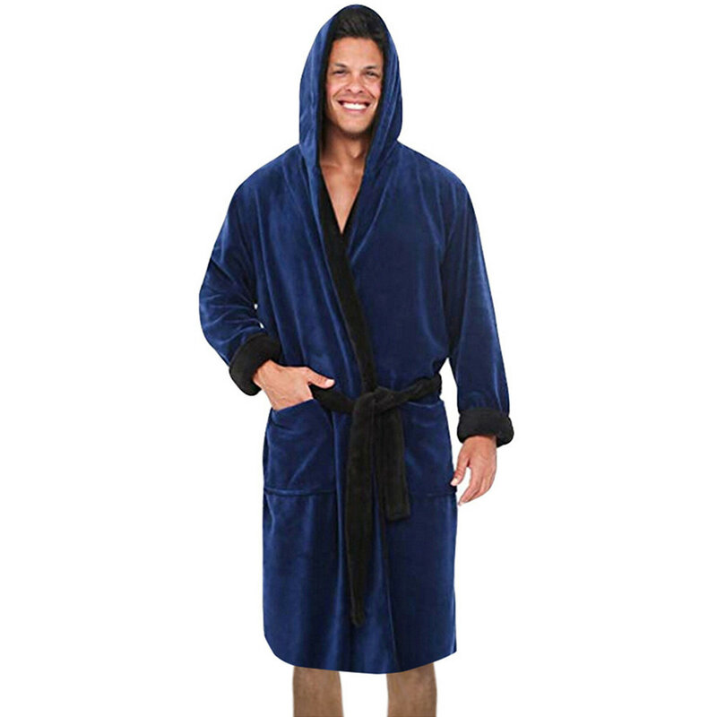 Men Thermal Long Bathrobe Warm Lengthened Plush Shawl Kimono Bath Robe Long Sleeved Nightgowns Home Clothes