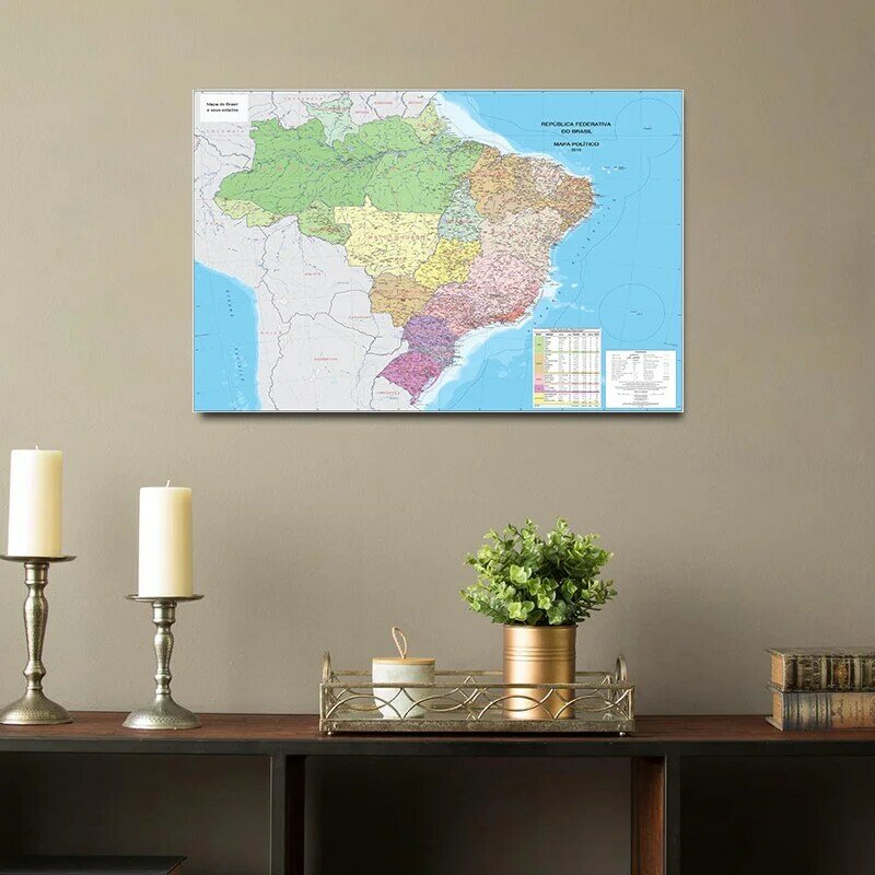 A2ขนาดโปรตุเกสบราซิล World แผนที่ภาพวาดผ้าใบการเมืองบราซิลแผนที่โปสเตอร์และภาพพิมพ์สำหรับ Home School การศึกษา Decor
