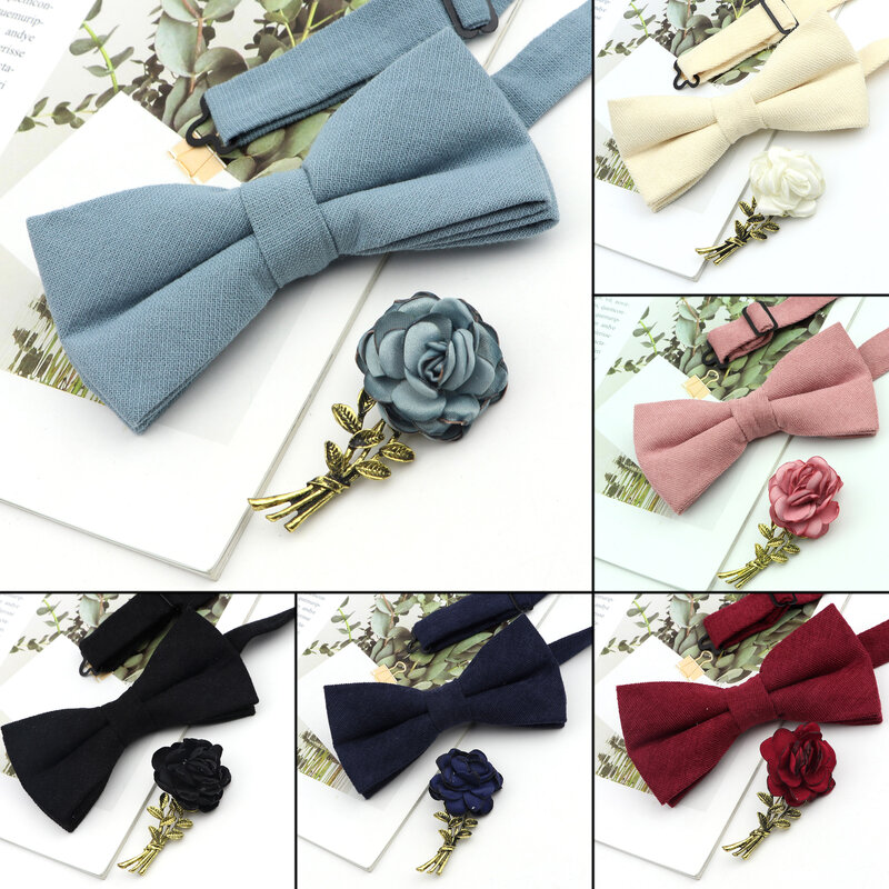 Conjunto de broche de pajarita de Color sólido de algodón, bonito Pin Floral de rosa, mariposa, corbatas de boda para fiesta, regalo, corbata, accesorio para hombres