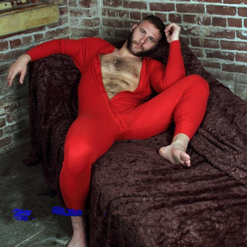 2022ผู้ชายชุดนอน Jumpsuit สีทึบ Comfort ปุ่ม Onesies Homewear แขนยาวชุดนอน Sleepwear ผู้ชาย Rompers ชุดนอน