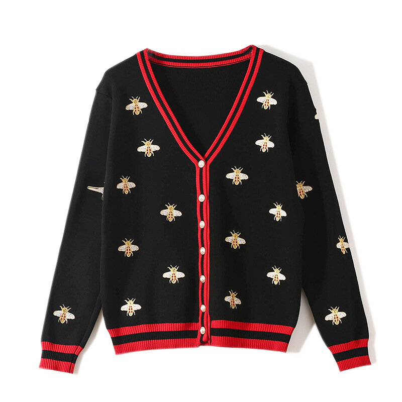 High Quality Fashion Designer Bee Embroidery Cardigan Long Sleeve Single Breasted Contrast Color Button Knitted Sweater