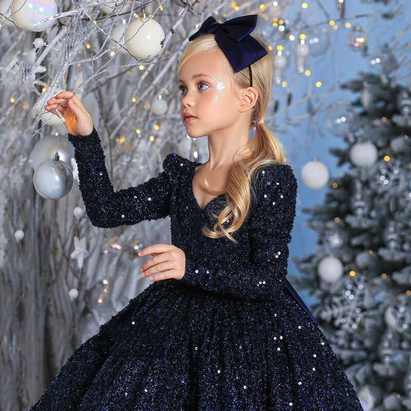 Azul marinho vestido da menina flor glitter sequin pageant vestido de festa para meninas de maca mangas compridas sem costas uma linha vestidos de natal