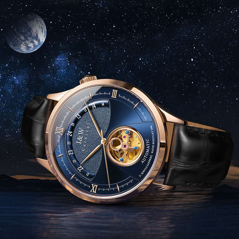 I & W miavia – montre mécanique de luxe pour hommes, bleu, Tourbillon, verre saphir, étanche, bracelet en cuir italien