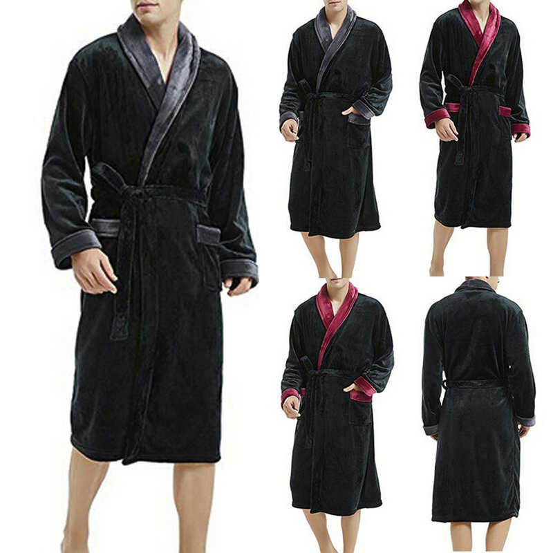 Men's Winter Lengthened Plush Shawl Bathrobe Home Clothes Long Sleeve Robe Coat Bath Robe Peignoir Homme Flannel Robe 2021