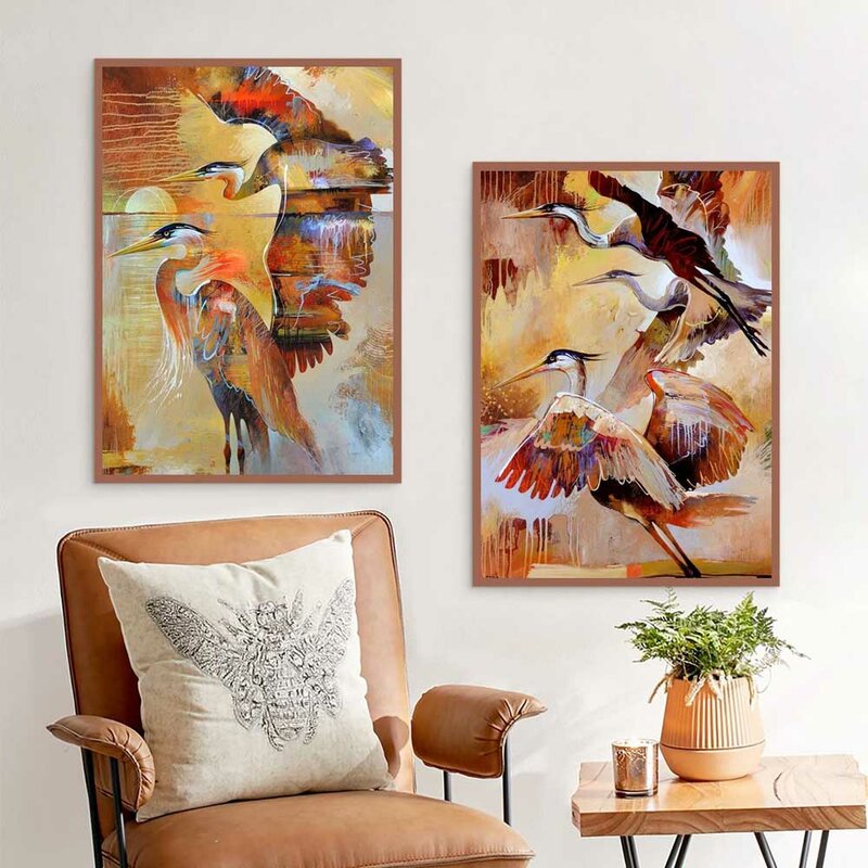 Graffiti nórdico, arte abstracto, pintura de lienzo de animales, estética, cartel de grulla de aves respiratorias, mural de decoración del hogar para sala de estar