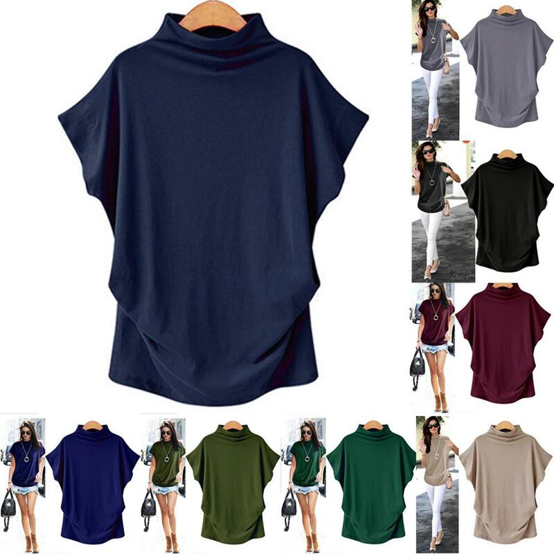 T Shirt Frauen Rollkragen Kurzarm Baumwolle shirts Feste Beiläufige Top Plus Größe Frauen Sommer Weibliche T-shirts harajuku c0517