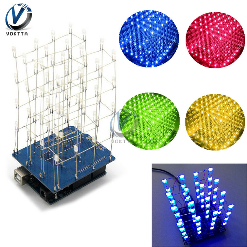 4X4X4 3D LED Cubic Cube สีแดงสีฟ้าสีเหลืองสีเขียว LED อิเล็กทรอนิกส์ DIY ชุด Shell Light Cube ชุดอุปกรณ์เสริมอะไหล่