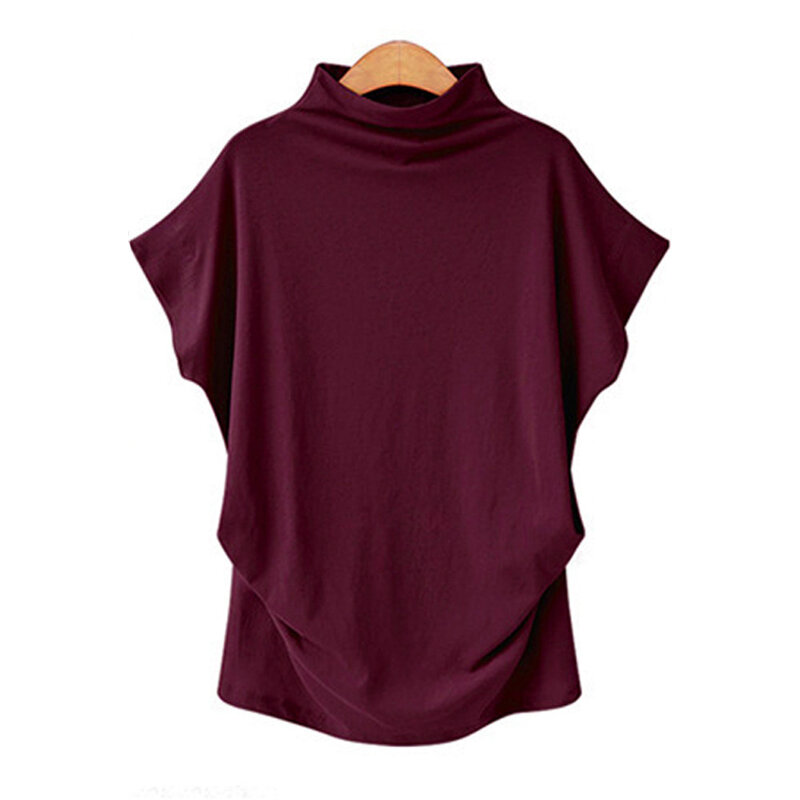Women Bat Sleeve Short-sleeved Shirt Casual Turtleneck Short Sleeve Cotton Casual Blouse Top Shirt Plus Size Dropshipping