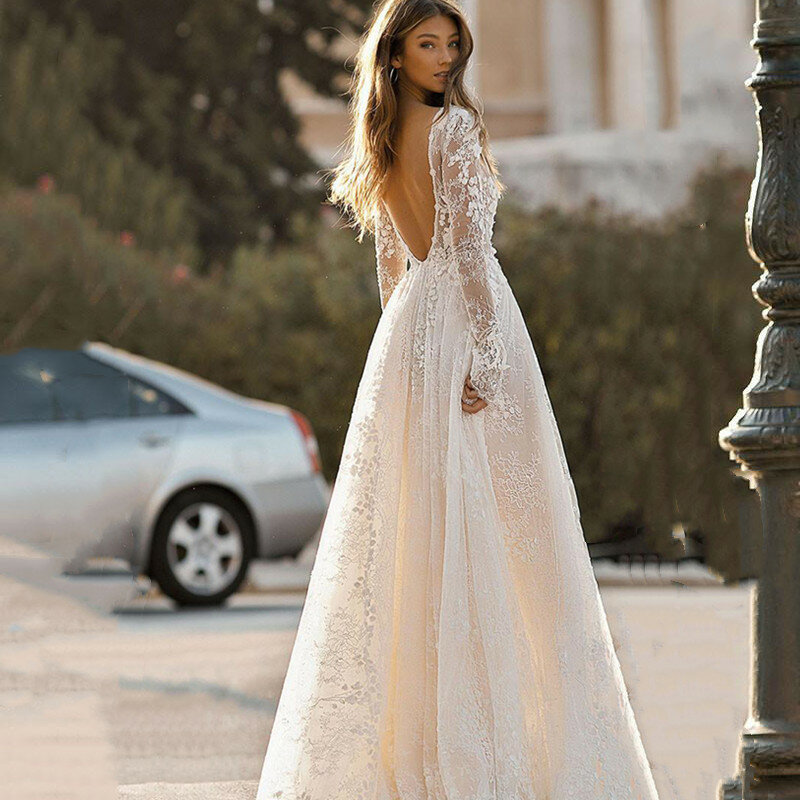 Elegancka, długa rękawy suknie ślubne z głębokim dekoltem w szpic bez pleców kwiecista koronka aplikacje 3D plaża 2023 suknia ślubna szata De Mariee