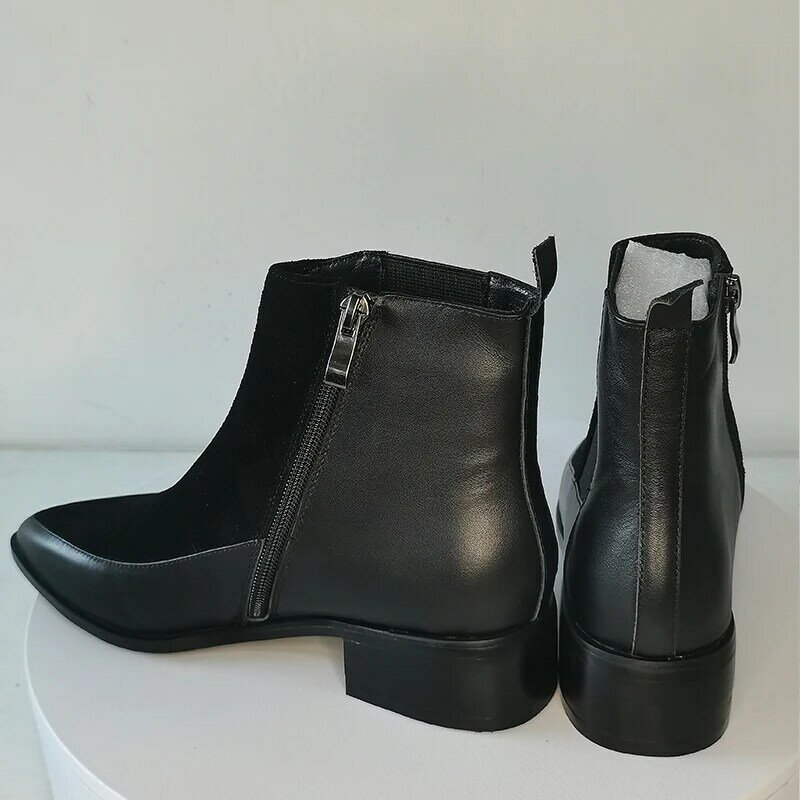 Botas femininas de couro legítimo plus size 22-26.5cm, couro bovino, camurça, bico fino, zíper lateral, sapatos pretos