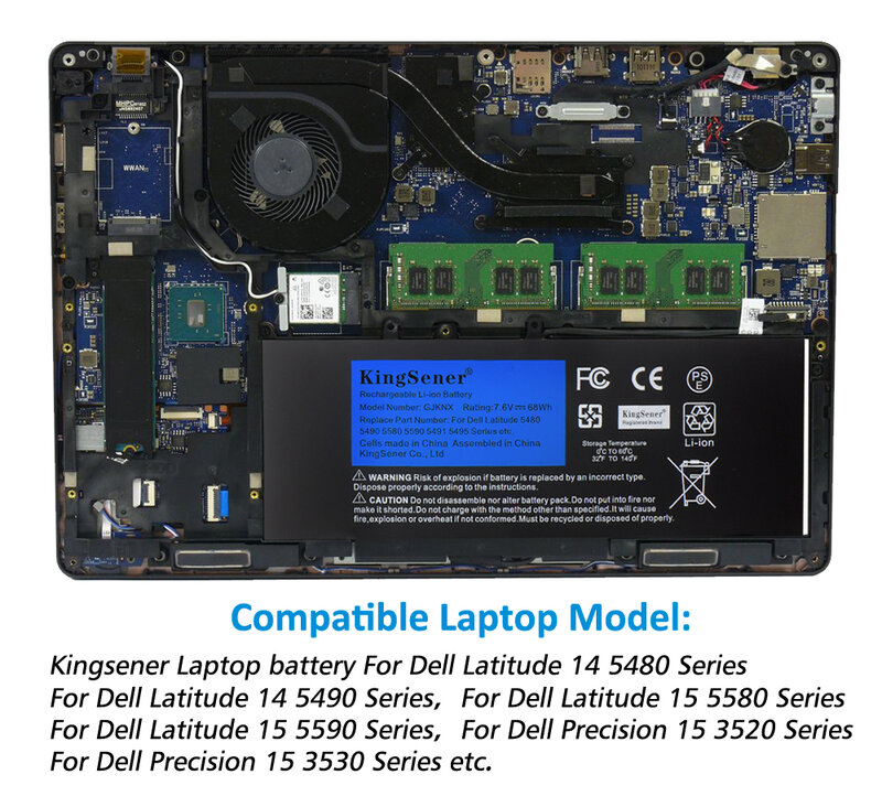 KingSener-Batterie GJKNX pour ordinateur portable DELL, Latitude E5480, 5580, 5490, 5590, Precision M3520, M3530, GD1JP, 7.6V, 68WH