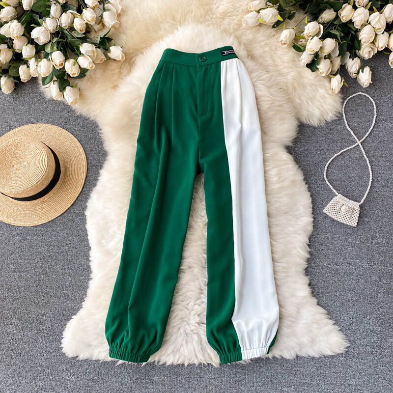 Контрастные свободные длинные брюки в стиле пэчворк с широкими штанинами, осень 2021, повседневные уличные штаны Knickerbockers, Универсальные Длинные брюки-карго