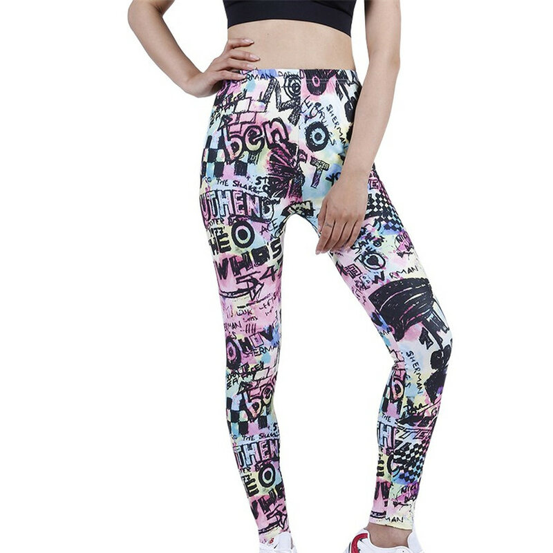 INDJXND legginsy z wysokim stanem Push Up sportowe damskie spodnie do biegania Fitness Gym Girl napisy Graffiti kolorowe wzory spodnie z elastycznym dołem nogawek