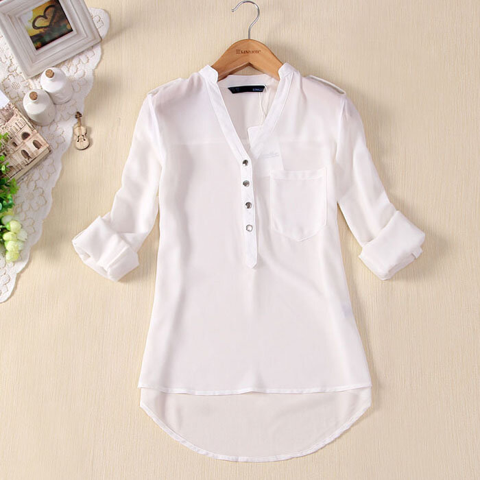 Женская шифоновая блузка, повседневная офисная рубашка с V-образным вырезом и длинным рукавом, весна-лето, Элегантная блузка Футболка