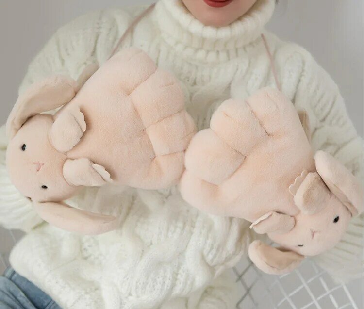 Todos los dedos guantes para mujeres invierno lindo coreano conejo de dibujos animados caliente y grueso guantes de peluche