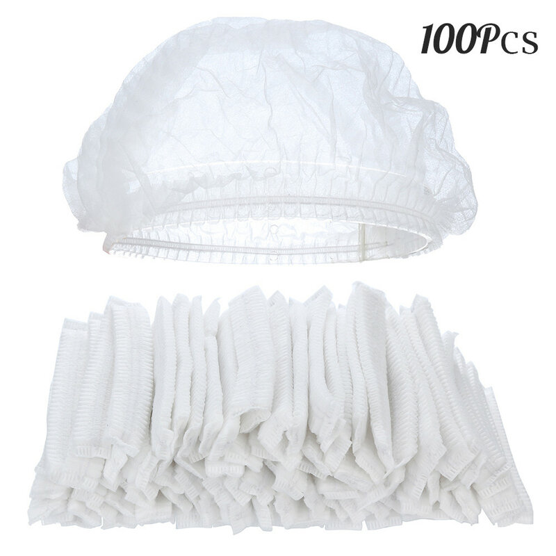 100 pièces blanc Non-tissé jetable bonnets de douche plissé Anti poussière chapeau femmes hommes bonnets de bain pour Spa Salon de coiffure accessoires de beauté