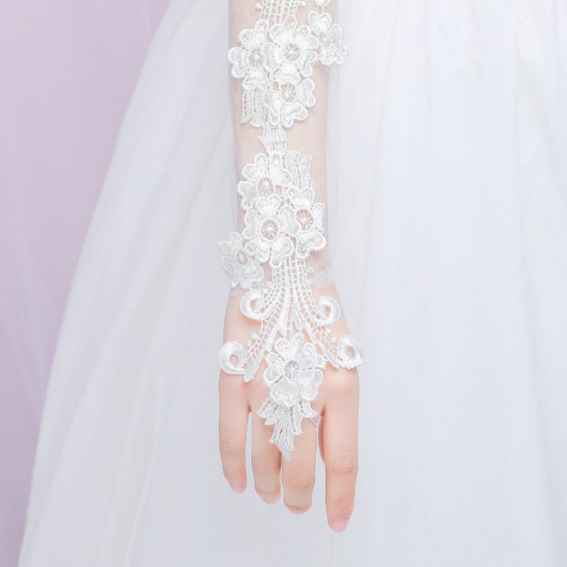 Sweet Embroidery Floral Lace Long Gloves Sheer Mesh Wedding Bridal Prom Mittens
