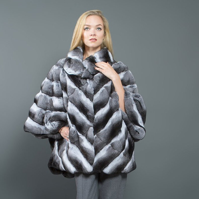 Abrigo de piel tipo murciélago para mujer, Chaqueta de felpa de Color Chinchilla, abrigo de alta calidad