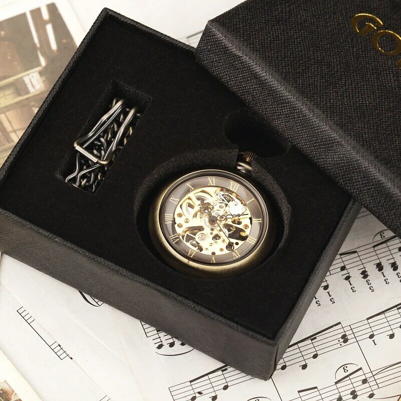실버 핸드 와인딩 풀 스틸 포켓 시계, 독특한 스켈레톤, 투명 기계식 포켓 시계, 시계 고리 체인, 패션