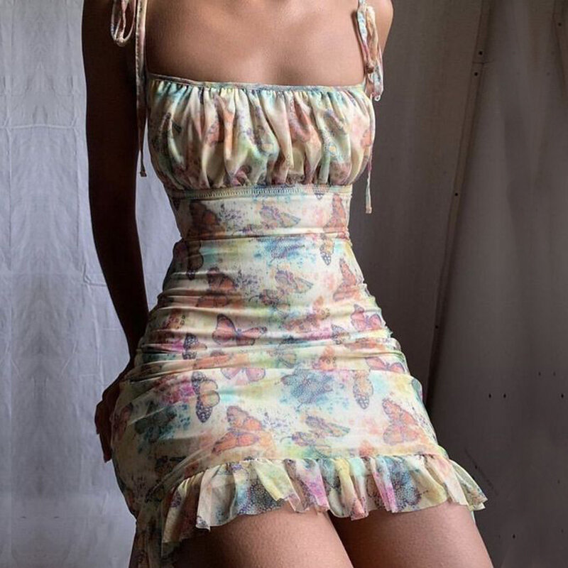 2020 drukuj Mini sukienka Sexy Lace Up Ruffles letnia sukienka Ruched bez rękawów damskie sukienki bandaż bobson sukienek
