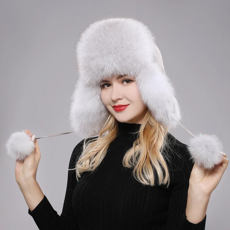 หมวกขนสุนัขจิ้งจอกแท้สำหรับผู้หญิง100% ใหม่2024หมวกสำหรับเล่นสกีหิมะหมวกคลุมหูหมวกขนแรคคูนฤดูหนาว