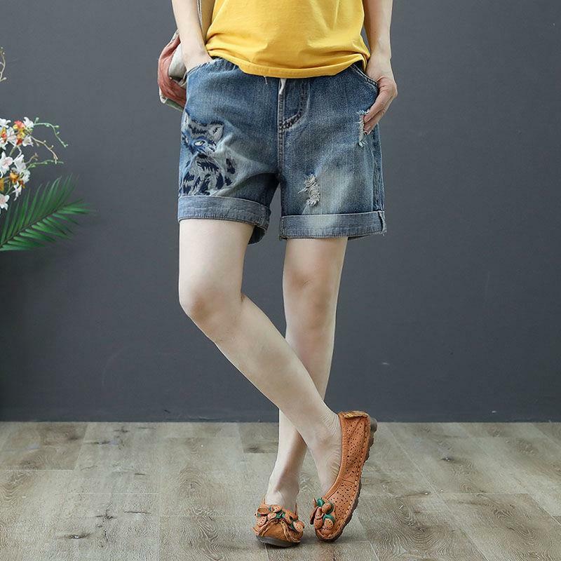 Pantalones cortos de mezclilla rasgados con cintura elástica para mujer, pantalón corto de cintura alta holgado, informal, Vintage, bordado, novedad de verano
