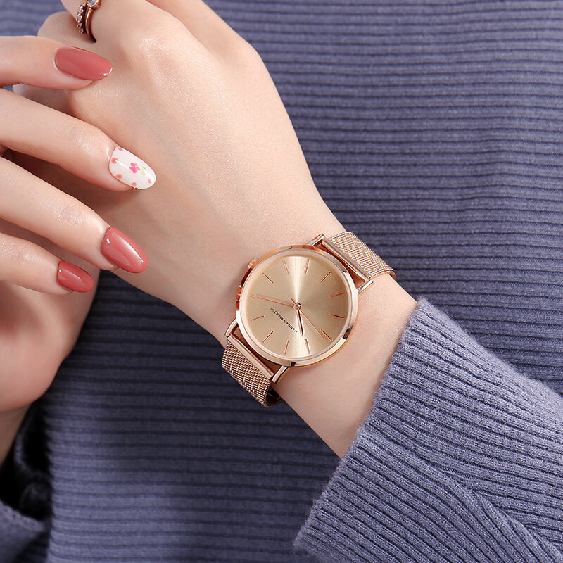 Hannah Martin-reloj de malla de acero inoxidable para mujer, cronógrafo de movimiento de cuarzo japonés, sencillo, resistente al agua, color oro rosa