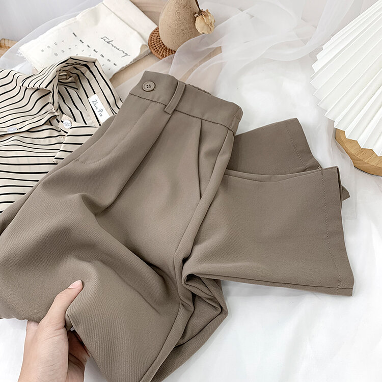 Nueva moda daño Pantalones de cintura alta elástica caqui pantalones de las señoras de la Oficina coreano elegante para el trabajo de fondo Pantalones rectos