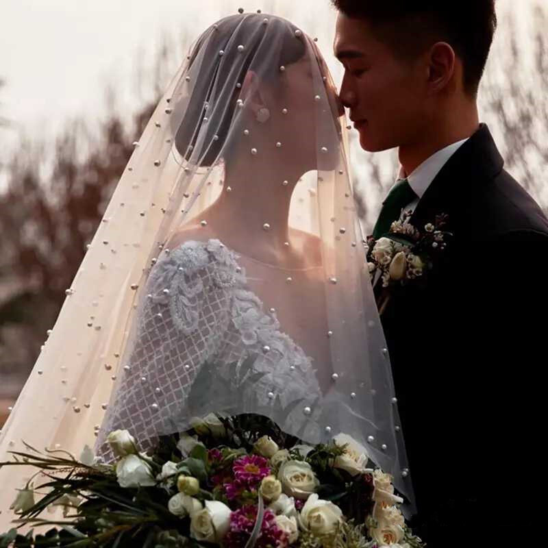 طرحة زفاف من التول الأبيض العاجي ، طبقة واحدة ، غطاء للوجه ، طرحة طويلة من اللؤلؤ ، إكسسوارات الزفاف
