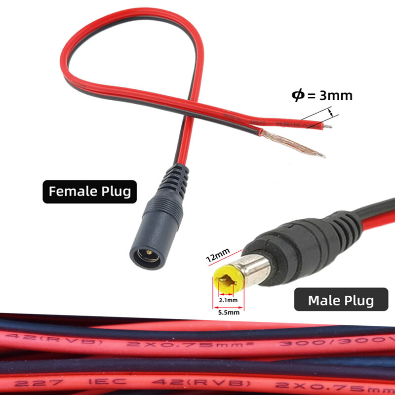 18awg dc power pigtail cabo fio macho conector fêmea para câmera de segurança cctv câmera backup do carro adaptador iluminação 5.5*2.1mm