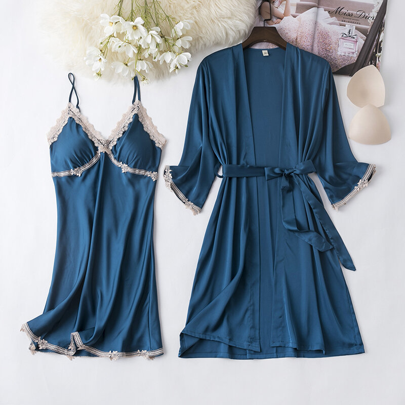 Conjuntos de quimono feminino Black Lace Robe, camisola Sexy, vestido de noiva, pijamas Rayon Pijama Suit, Casual Home Wear, Verão, M-XXL