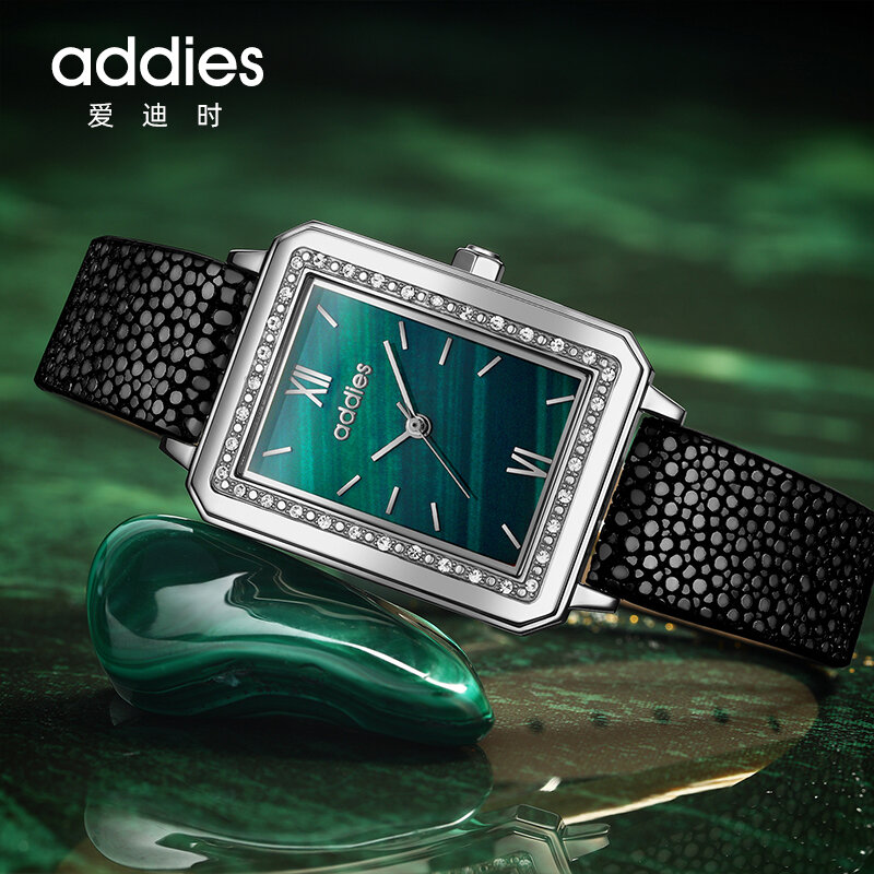 Addyes-reloj cuadrado de acero inoxidable para mujer, pulsera de cuarzo con correa, esfera verde, sencillo, dorado, de lujo