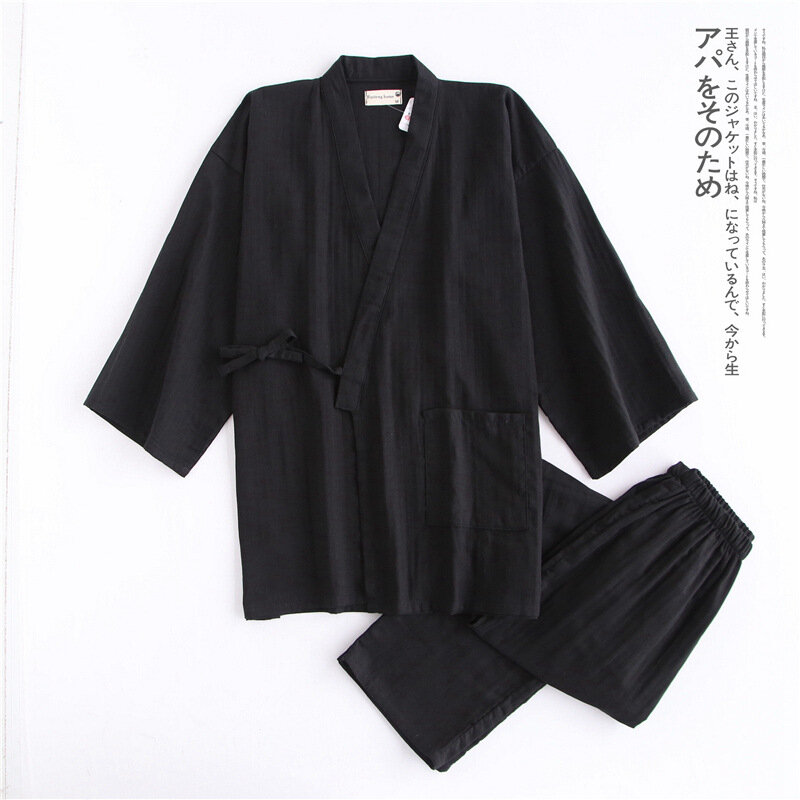 Celana Kardigan Kimono Gaya Jepang Set 2 Buah Pakaian Tidur Pria Jubah Mandi Katun Nyaman Setelan Rumah Jubah Pakaian Tidur Kasual Harian
