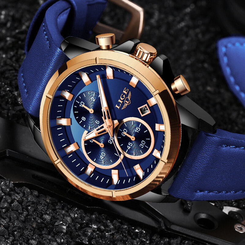 2020 패션 블루 가죽 시계 LIGE Mens 시계 남성용 최고 브랜드 럭셔리 쿼츠 골드 시계 방수 크로노 그래프 Reloj Hombre