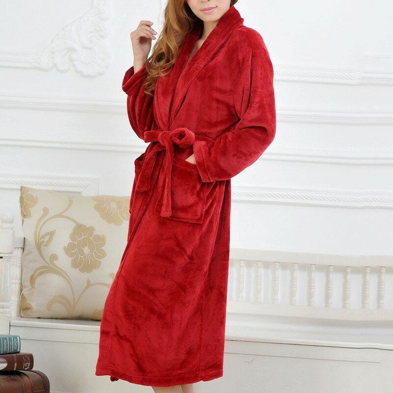 Coral Fleece Long Robe Kimono ชุดฤดูหนาว Warm Flannel Nightdress เสื้อคลุมอาบน้ำสบายชุดนอน Intimate ชุดชั้นใน Thicken Homewear