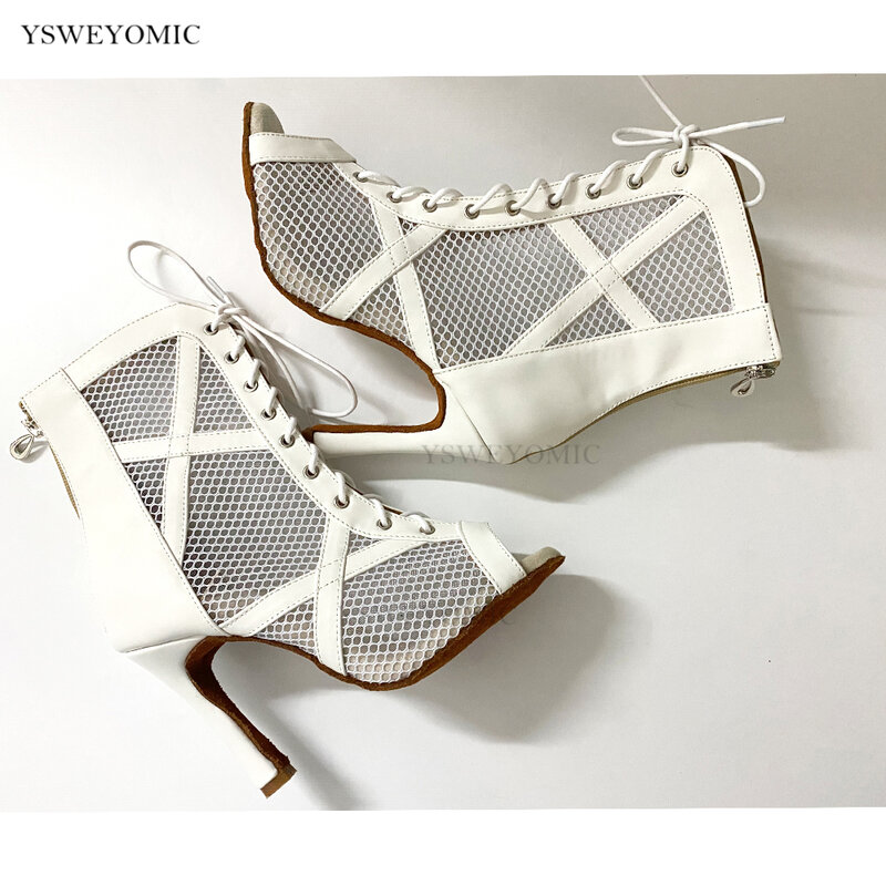 Sepatu Bot Tari Kulit Putih Sol Dalam Nyaman Lembut Hak Kustom Sepatu Dansa Salsa Latin Bachata Wanita untuk Penampilan Tari