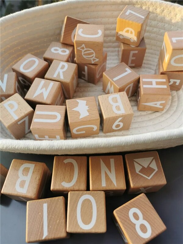 26pcs Kids Montessori Wooden Toys Big Beech Alphabet Blocks Stacking with Letter Numbers Cube Bricks Early Learning