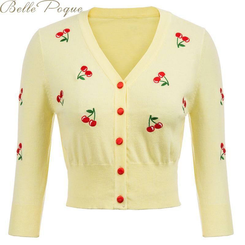 Belle poque 10 cores primavera outono cardigan feminino cerejas bordados de malha cardigans casual manga longa camisola pull