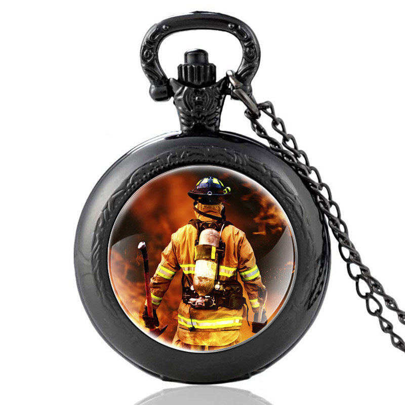 Hero Feuerwehrmann Design Glas Cabochon Quarz Vintage Taschenuhr Männer Frauen Brandbekämpfung Anhänger Charme Halskette Kette Stunden Uhr