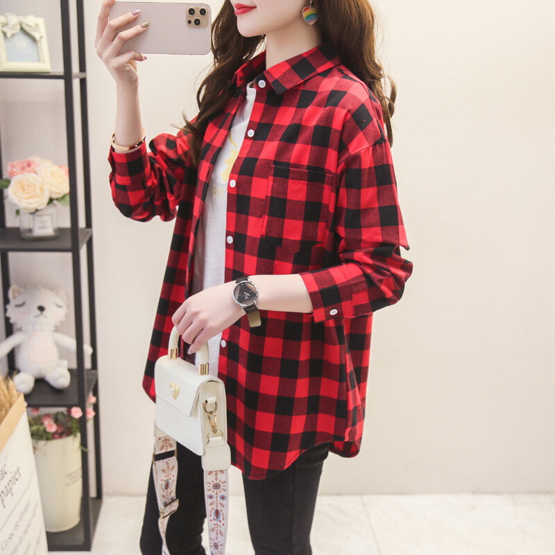 2023 New Fashion Loose Womens Plaid Shirt Fresh College Style Design Blouses And Tops Long Sleeve Casual Female Checked Clothes