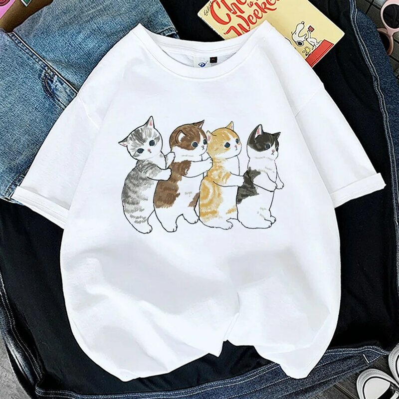 T-shirt imprimé chat drôle Kawaii pour femmes, vêtements Y2K, mode des années 90, Y-Tee Gril, noir, blanc, soleil de goutte