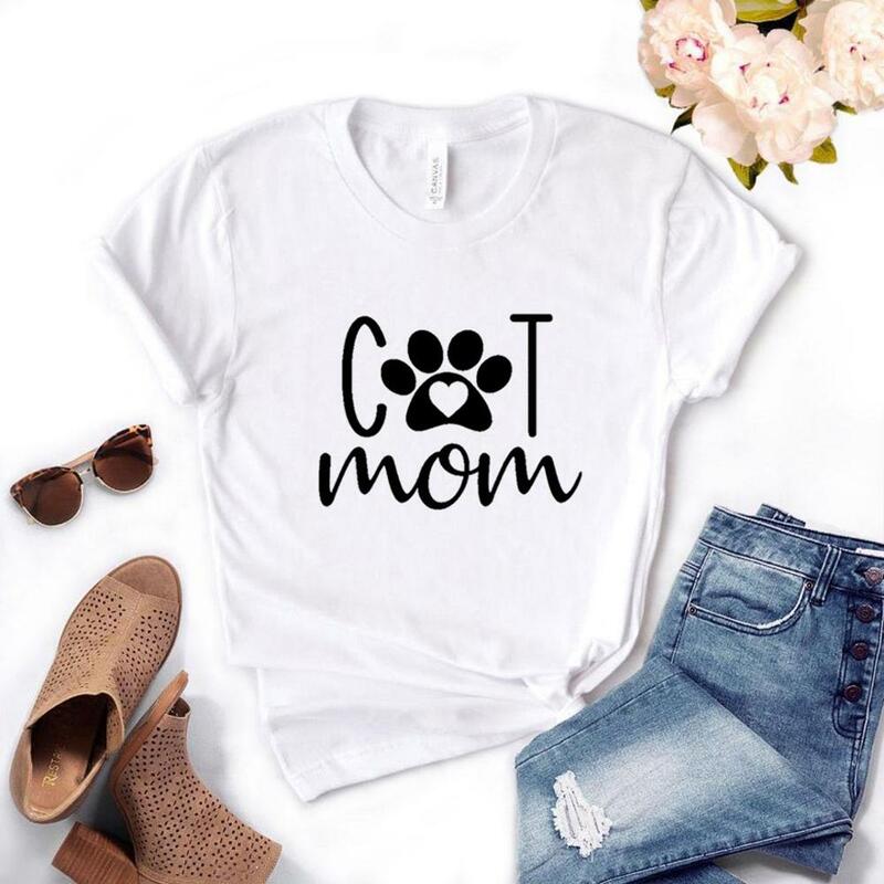 고양이 엄마 발 인쇄 여성 티셔츠 코 튼 캐주얼 재미 있은 t 셔츠 레이디 용 소녀 탑 티 6 색 NA-993