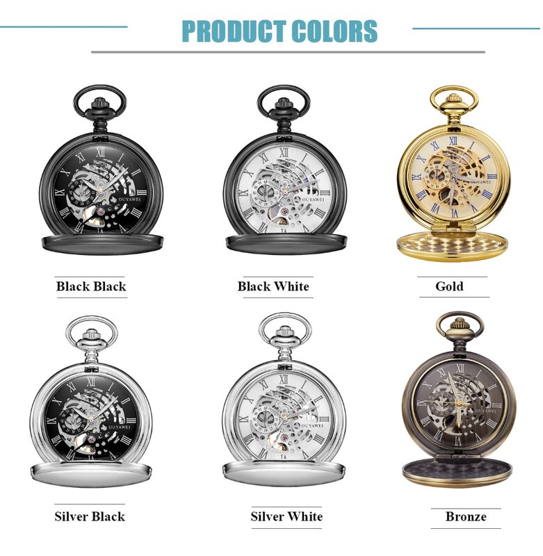 Stainless Steel Men Mechanical Pocket Watch Fashion Casual Skeleton dial Luxury Gold Hand Wind Mechanical Male Fob Chain Watches
