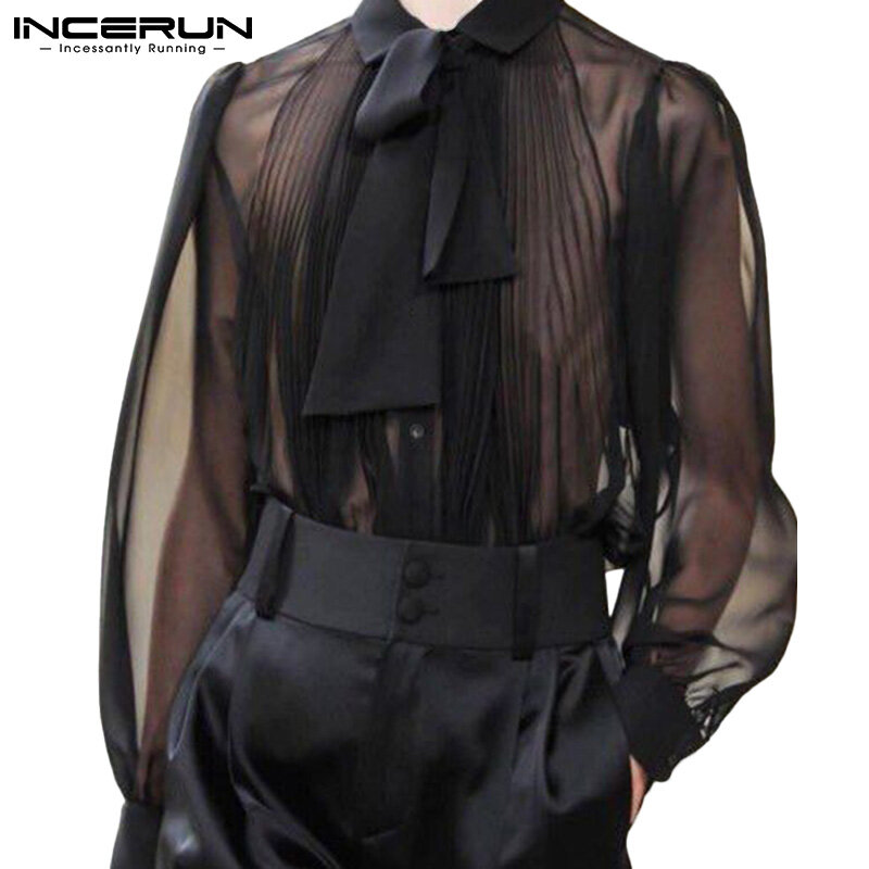 INCERUN Men Sexy Shirt Mesh See Through Lapel Long Sleeve Camisas WIth Tie Streetwear 2023 Pleated Solid Party Men Clothing 5XL