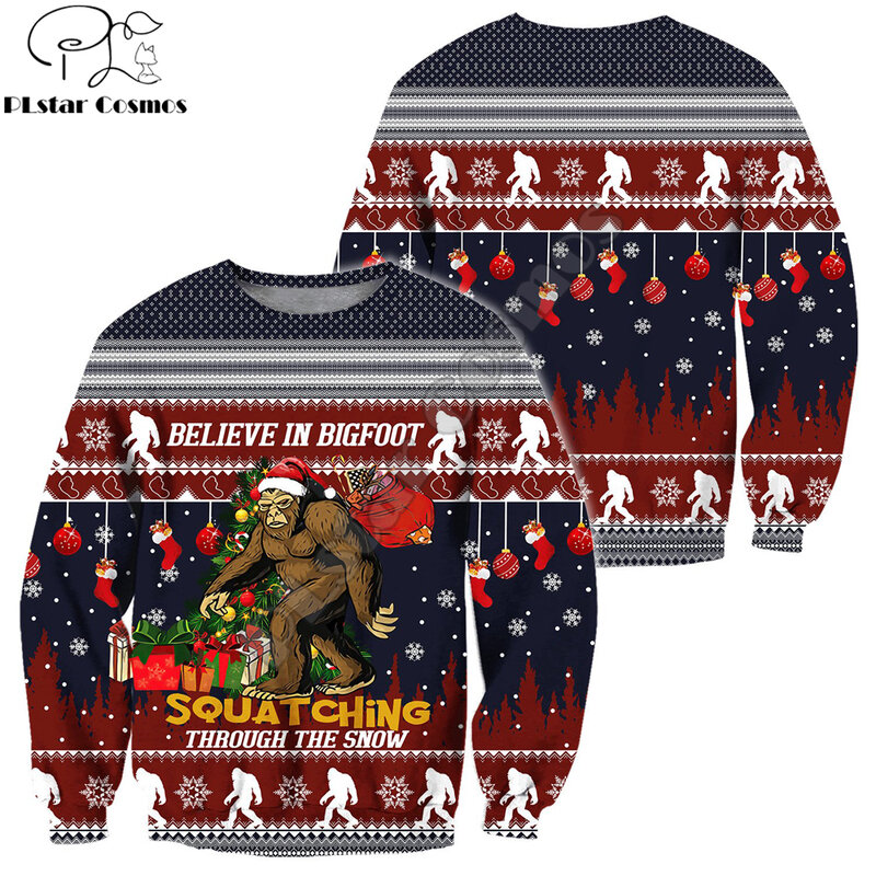 Funny Bigfoot Merry Christmas 3D พิมพ์ฤดูใบไม้ร่วง Hoodies ผู้ชาย Unisex Casual Pullovers Zip Hoodie Streetwear Sudadera Hombre DW616