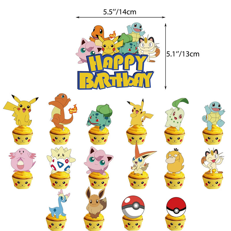 Dekorasi kue Pokemon, perlengkapan Selamat Ulang Tahun, dekorasi atas kue Pikachu, mainan hadiah untuk anak-anak