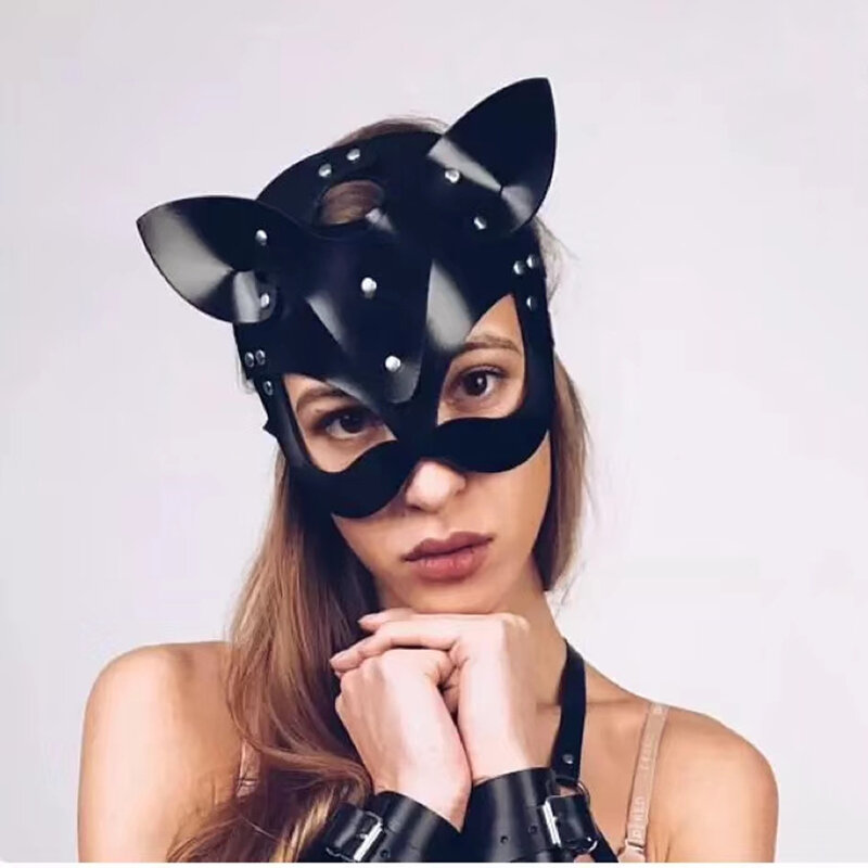 BDSM الجنس بولي Leather الجلود Catwoman تأثيري قناع Bdsm صنم الجنس اللعب المثيرة اللاتكس أرنب قناع مع طوق النساء حفلة تنكرية قناع
