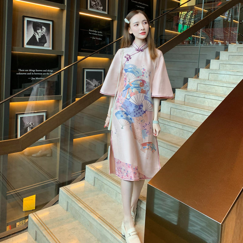 Qipao-젊은 중국 레트로 치파오 핑크 살구 우아한 드레스 여성용, 웨딩 파티 치파오 빈티지 스위트 드레스